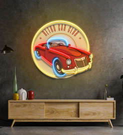 Vector Retro Car Label Led Neon Sign Light Pop Art